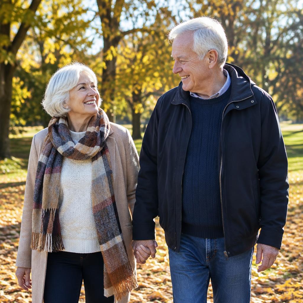 Happy senior couple walking together through a park in autumn
